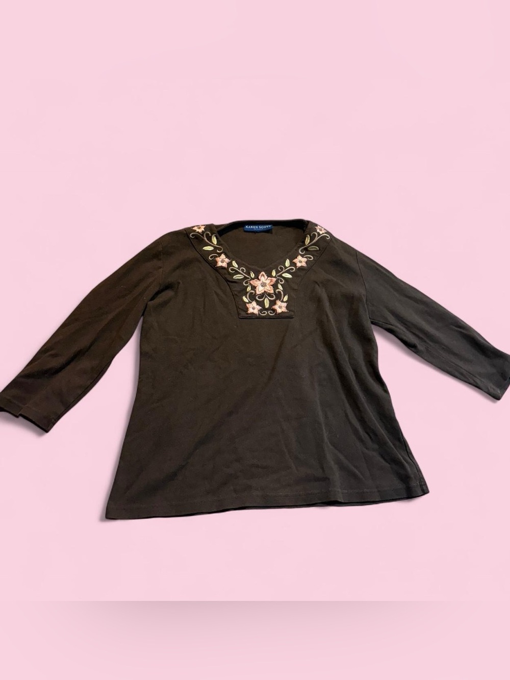 Karen Scott Chocolate Brown Long Sleeve Top with Embroidered V-Neck